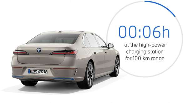 BMW i7 xDrive60 G70 2022, вид сзади в три четверти с графиком времени зарядки BMW i7 xDrive60 G70 2022, вид сзади в три четверти с графиком времени зарядки