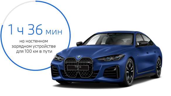Вид спереди в три четверти BMW i4 M50 eDrive40 G26 2021 BMW i4 M50 eDrive40 G26 2021 "Морозный Синий Портимау металлик" BMW Individual, вид спереди в три четверти с временем зарядки