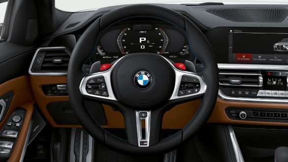 Кожаное рулевое колесо M BMW M3 Competition G80 2020 BMW M3 Competition G80 2020, кокпит с кожаным рулевым колесом M