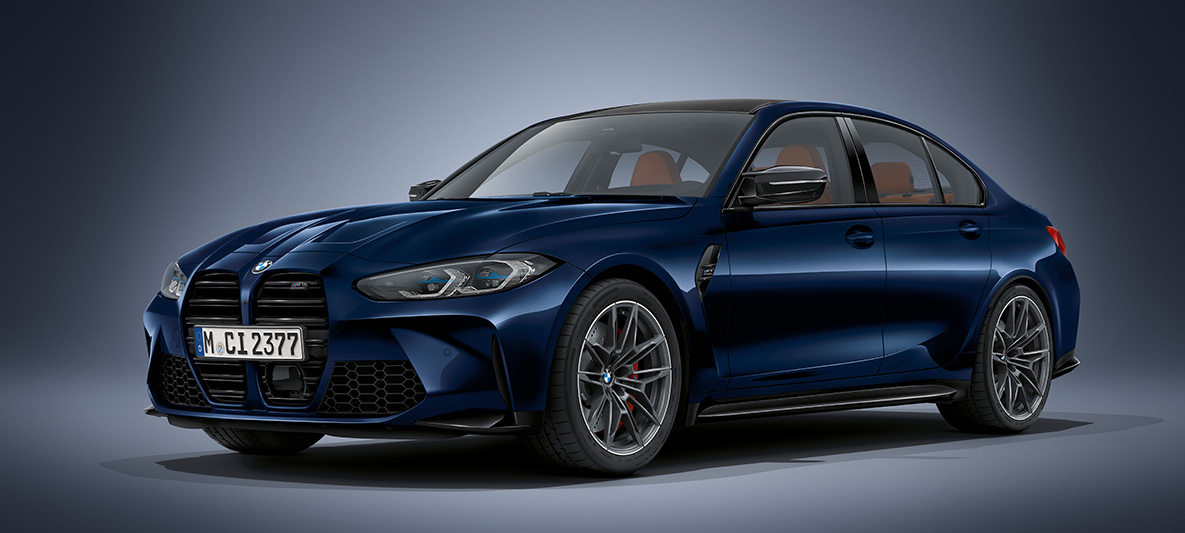 BMW M3 G80 2020 "BMW Individual Синий Танзанит металлик" BMW M3 G80 2020 "BMW Individual Синий Танзанит металлик", вид спереди в три четверти в статике