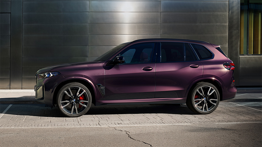 BMW X5 M60i G05, цвет кузова BMW Individual Mora metallic, вид сбоку с поворотом в 2/3, на парковке
